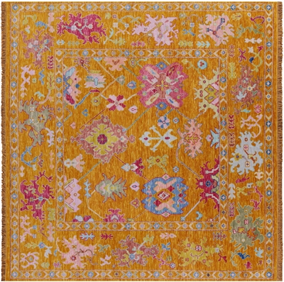 Gold Square Handmade Turkish Angora Oushak Wool Rug