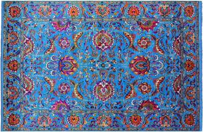 Blue Persian Tabriz Wool & Silk Hand-Knotted Rug