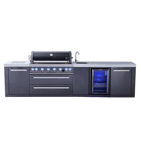 Mont Alpi 805 Black Stainless Steel Island with Beverage Center, Infrared Side Burner - 131"