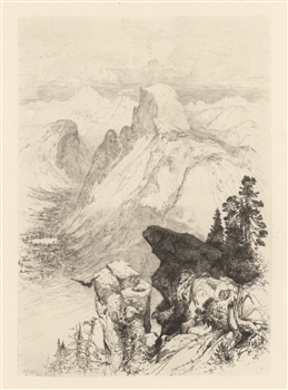 Thomas Moran original etching "The Half Dome - View from Moran Point"