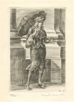 Reginald Marsh original etching "Girl with Umbrella"