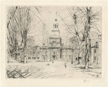 Childe Hassam pencil-signed etching "Independence Hall, Philadelphia"