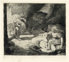 Alphonse Legros original etching "L'incendie"