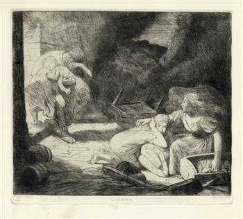 Alphonse Legros original etching "L'incendie"