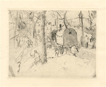 Rudolf Grossmann original etching | Gypsy Wagon