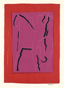 Marino Marini lithograph Cavaliers sur fond pourpre, bordure rouge
