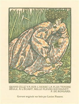 Lucien Pissarro "Girl Picking Flowers" original wood engraving