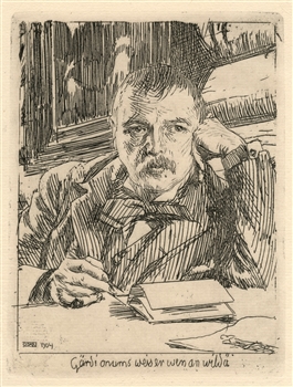 Anders Zorn original etching Self Portrait with Inscription