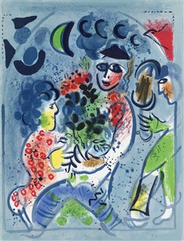 Marc Chagall original lithograph "Harlequin with flowers"