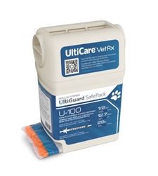 UltiCare VetRx Insulin Syringe U-100, 1/2 cc, 29 ga. x 1/2", UltiGuard Dispenser, Sharps Container, 100 Syringes