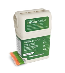 UltiCare UltiGuard Insulin Syringe U-100 1 cc, 31 ga. x 5/16", Syringe Dispenser and Sharps Container, Box of 100