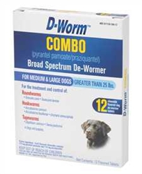 D-Worm COMBO Broad Spectrum De-Wormer For Medium & Large Dogs Over 25 lbs, 12 Chewable Tablets