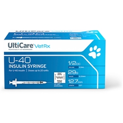 UltiCare VetRx Insulin Syringe U-40 .5 cc, 29 ga. x 1/2", 100/Box Half Unit Markings