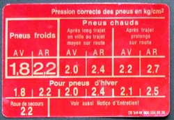 TIRE PRESSURE DECAL / LABEL - FOR 230SL 250SL & EARLY 280SL - French Version