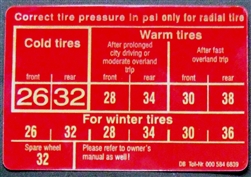 TIRE PRESSURE DECAL / LABEL FOR 250SL & EARLY 280SL with "26PSI" and "RADIAL" text.
