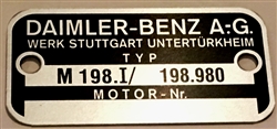 Motor Number Plate - " DAIMLER BENZ A-G, TYP M198.I / 198.980 , MOTOR Nr,: "