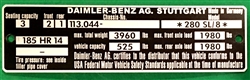 Chassis Data Plate - for Mercedes 280SL - 113Ch. Early type