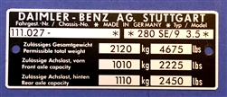 Chassis Data Plate for Mercedes 280SE/C 3.5 - 111.027