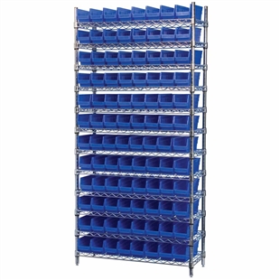 4" Shelf Bin Wire Shelving System w/ Blue Bins