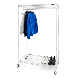 Wire shelving mobile closet with shelves, casters, a set of posts, and a coat-rod kit.