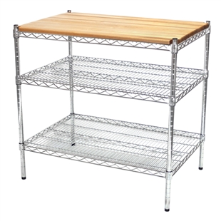 Chrome wire shelving island with a butcher block top