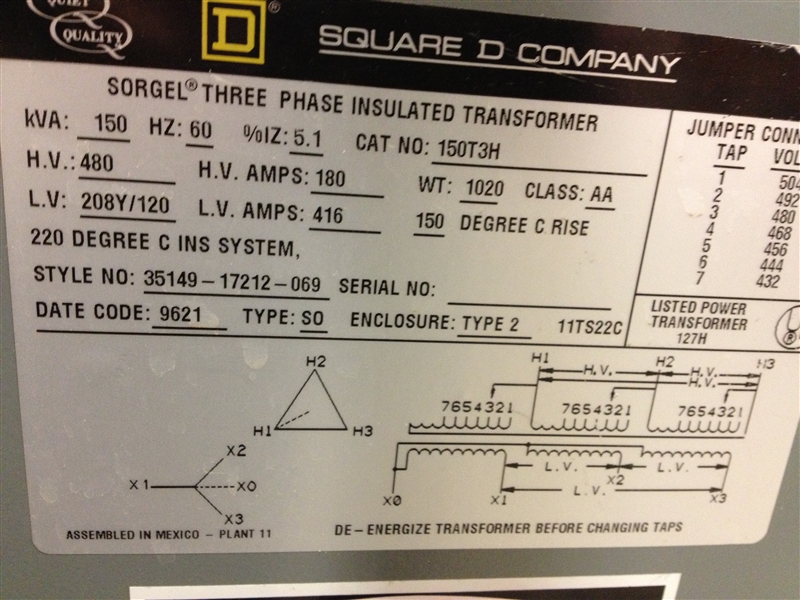 150T3H (R) 150KVA 480-208/120V 3PH SQD TRANSFORMER