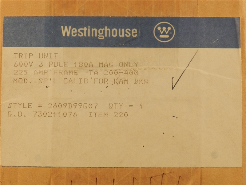 2609D99G07 CUTLER HAMMER / WESTINGHOUSE TRIP UNIT FOR TYPE KAM BREAKER 3POLE, 180AMP, MAG. ONLY