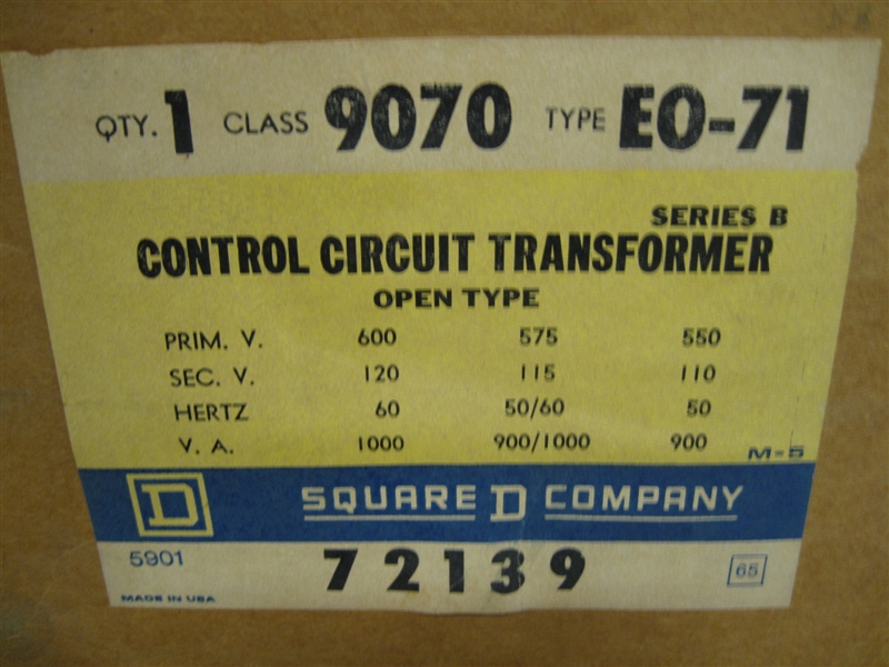 9070EO-71 1 KVA 1PH SQUARE D TRANSFORMER 600V-120V