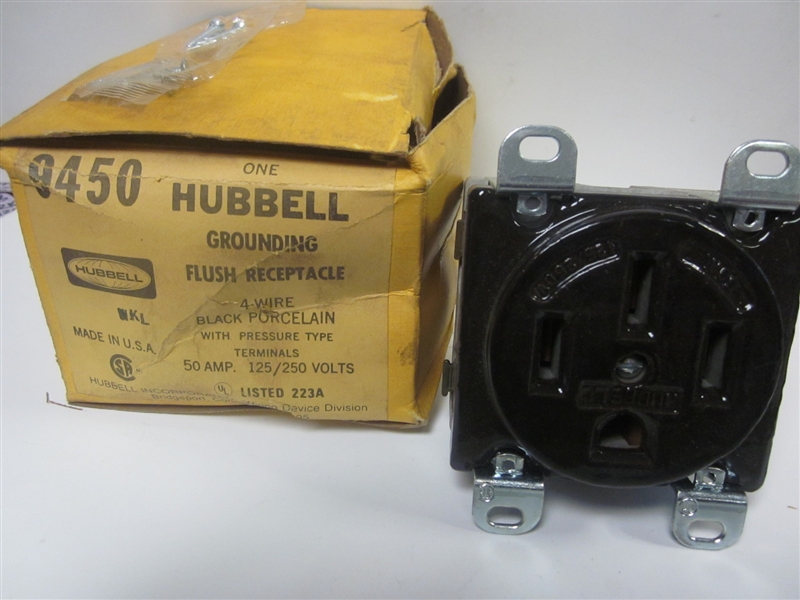 9450 HUBBELL GROUNDING FLUSH RECEPTACLE 4 WIRE BLACK PORCELAIN 50 AMPS