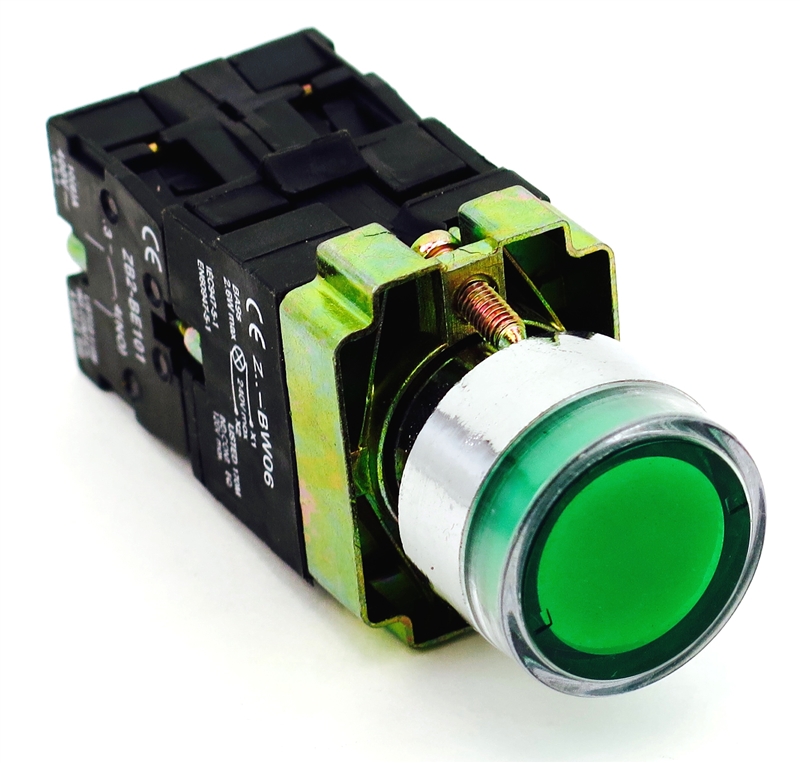 PBC-P22XTMO2-FIG-220V DIRECT REPLACEMENT FITS TELEMECANIQUE XB2BW3365 22MM PUSH BUTTON GREEN MOMENTARY METAL ILLUMINATED 220V AC .PUSH TO TEST FLUSH M. INCLUDED 1NO/1NC CONTACT BLOCKS AND 1 Z-BWO6 CONTACT BLOCK