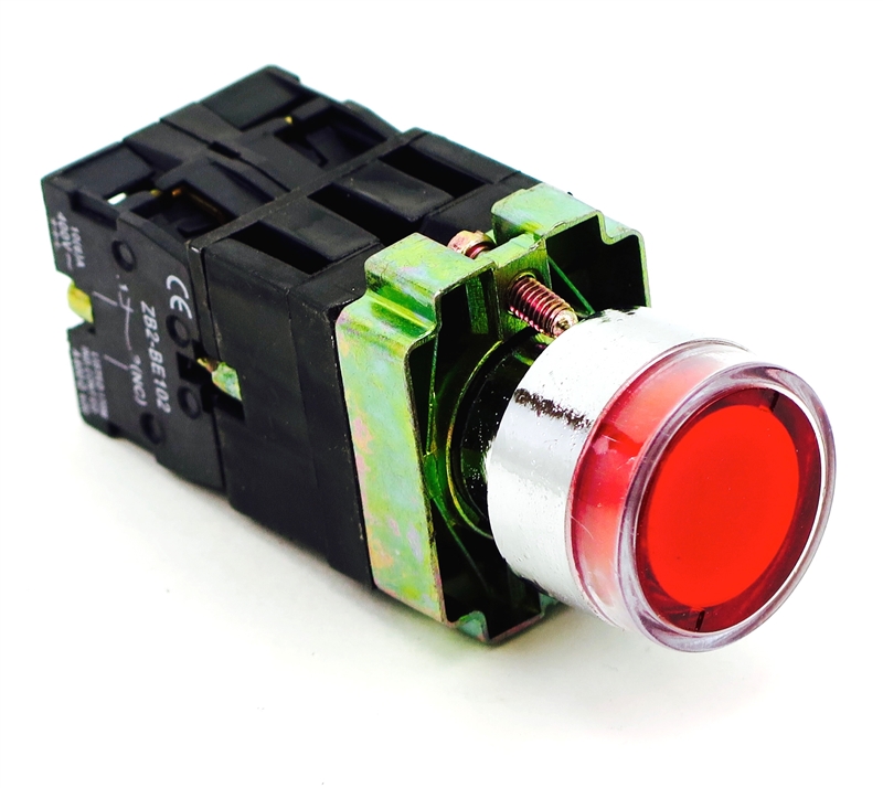 PBC-P22XTMO2-FIR-220V DIRECT REPLACEMENT FITS TELEMECANIQUE XB2BW3465 22MM RED FLUSH PUSH BUTTON MOMENTARY METAL ILLUMINATED  1NO/1NC ZB2BE101,ZBE2BE102 CONTACT BLOCKS 220V AC CONTROLS.