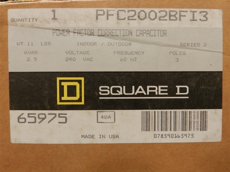 PFC2002BFI3 SQD 2.5 KVAR OOWER FACTOR CORRECTION CAPACITOR 3PH 240V AC 60Hz SERIES 2 INDOOR/OUTDOOR