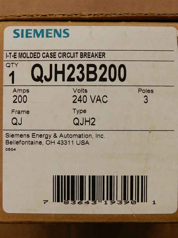 QJH23B200 SIEMENS / ITE CIRCUIT BREAKER TYPE QJ 3P 200A  240V 22KA