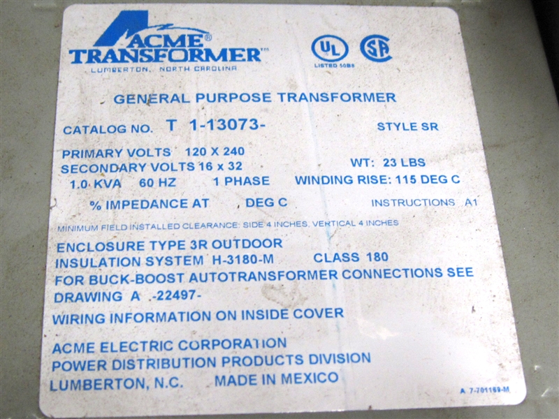T-1-13073 ACME 1KVA 1PH 120/240-16/32V ACME TRANSFORMER