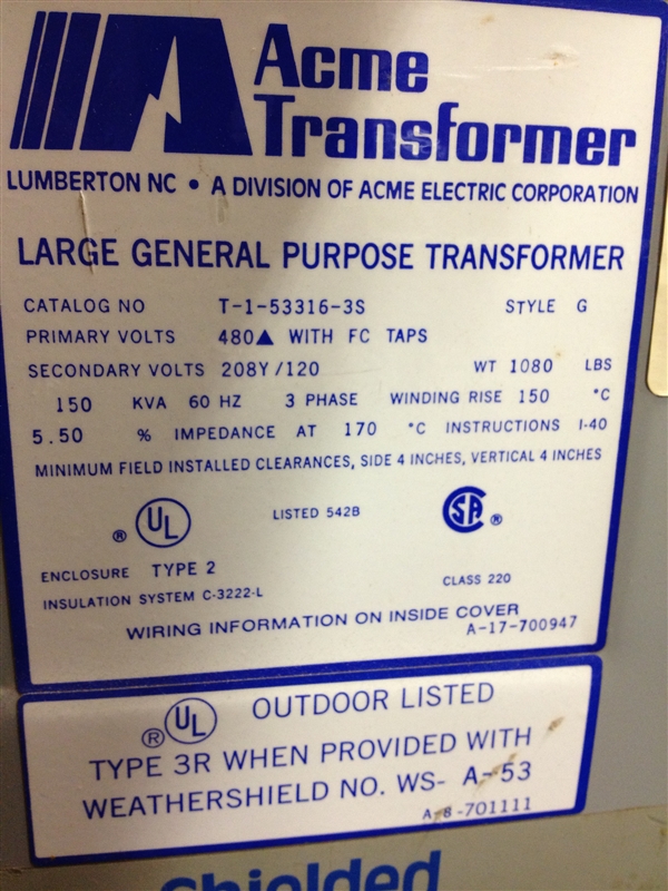 T-1-53316-3S (R) 150KVA 3PH 480-208/120V ACME TRANSFORMER