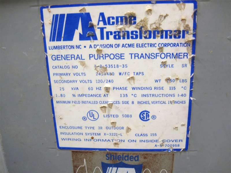 T-2-53518-3S (R) 25KVA 1PH 240/480V-120/240V ACME TRANSFORMER