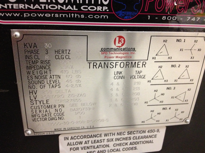 T1000-30-0-208-120/208-S (R) 30KVA 3PH 208-208/120V POWERSMITHS TRANSFORMER