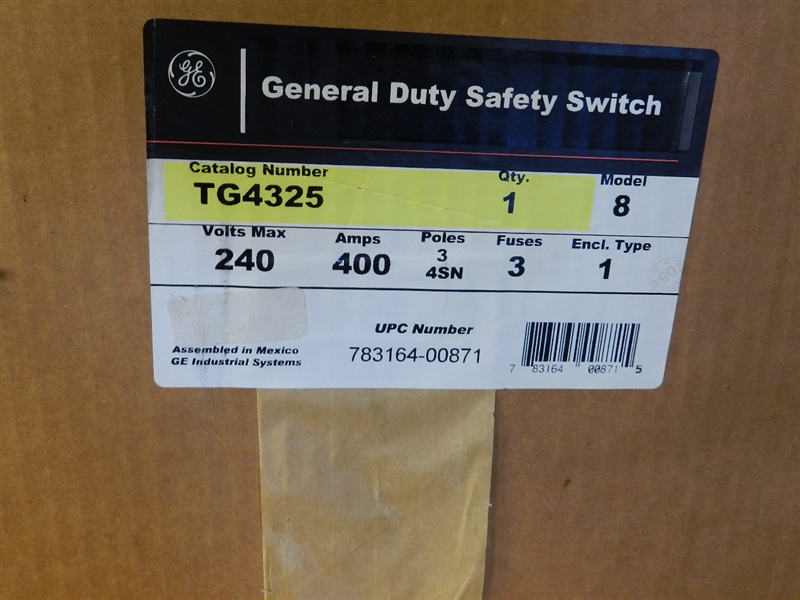 TG4325 GE 400A 240V 4-WIRE SOLID NEUTRAL FUSIBLE NEMA 1 DISCONNECT / GENERAL DUTY SWITCH