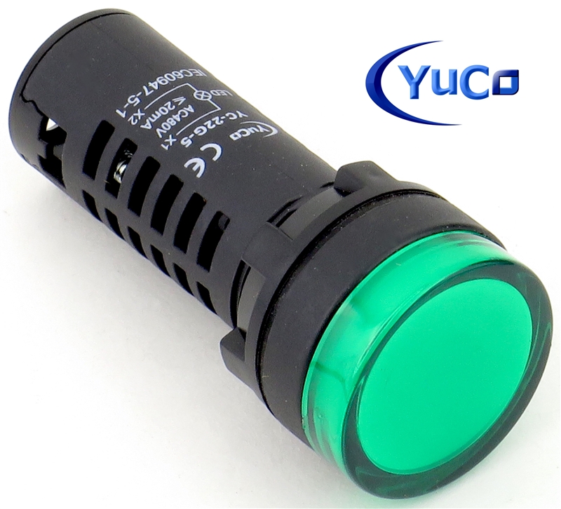 YuCo YC-22G-5 EUROPEAN STANDARD TUV CE LISTED 22MM LED PANEL MOUNT INDICATOR LAMP GREEN 480V AC