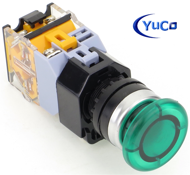 YC-P22PMMA-MIG-1 YuCo 22MM PUSH BUTTON GREEN MAINTAINED ILLUMINATED 24V AC/DC 35MM MUSHROOM 1NO/1NC CONTACT BLOCKS