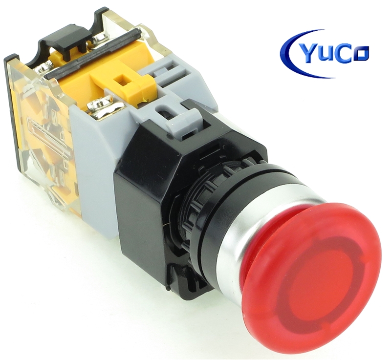 YC-P22PMMA-MIR-6 YuCo 22MM PUSH BUTTON RED MAINTAINED ILLUMINATED 12V AC/DC 35MM MUSHROOM M. INCLUDED 1NO/1NC CONTACT BLOCK