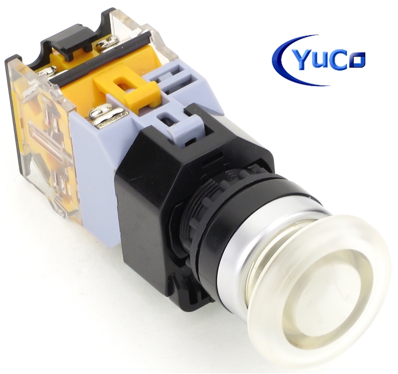 YC-P22PMMA-MIW-6 YuCo 22MM CLEAR PUSH BUTTON MAINTAINED ILLUMINATED 12V AC/DC 35MM MUSHROOM M. INCLUDED 1NO/1NC CONTACT BLOCK