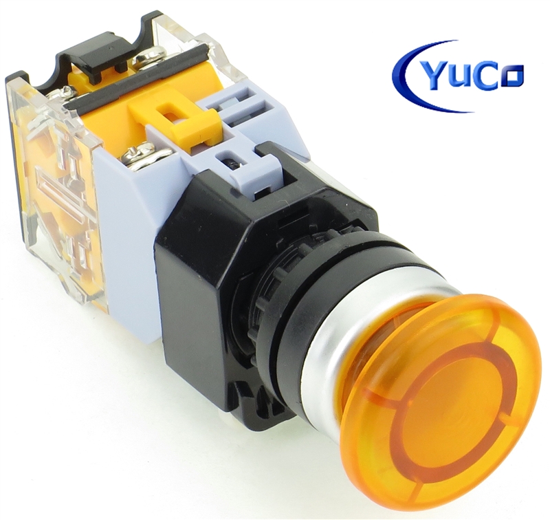 YC-P22PMMA-MIY-2 YuCo 22MM YELLOW PUSH BUTTON MAINTAINED ILLUMINATED 120V AC/DC 35MM MUSHROOM INCLUDED 1NO/1NC