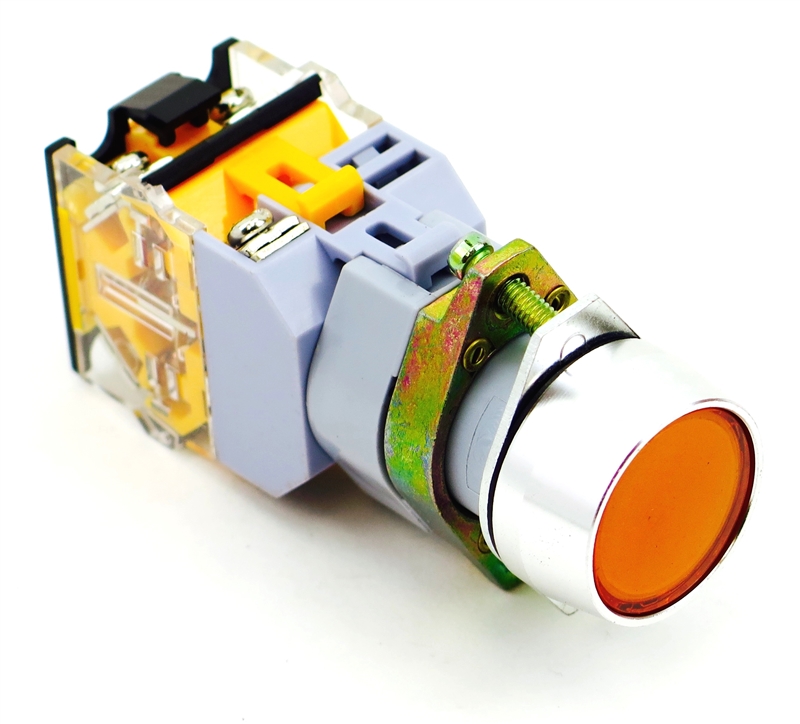 YC-P22XPMA-IFY-2 YuCo 22MM FLUSH PUSH BUTTON YELLOW METAL MAINTAINED ILLUMINATED 120V AC/DC 1NO/NC CONTACT BLOCK