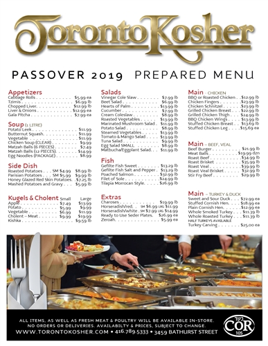 Toronto Kosher's Fabulous Passover Menu for 2019