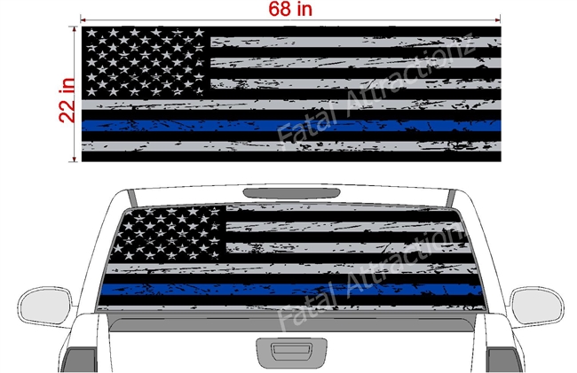 Distressed American Flag Blue Line See Thru Window Wrap 22"x68"