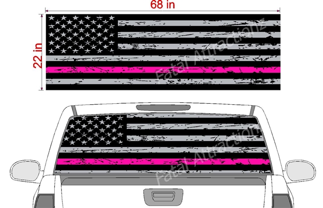 Distressed American Flag Hot Pink Line See Thru Window Wrap 22"x68"