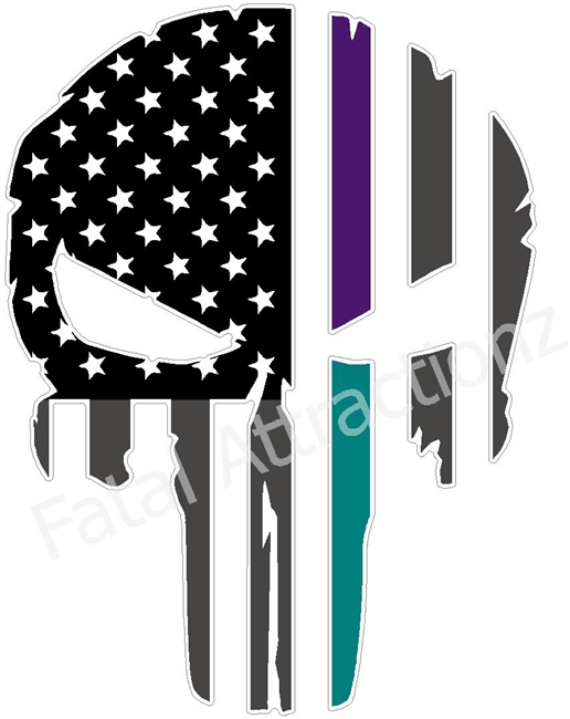 Rugged American Flag Skull Purple Teal Line sudicide awareness