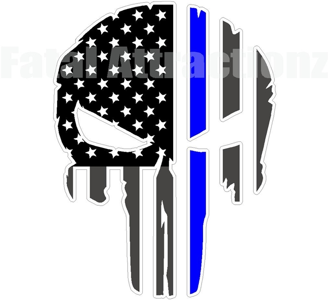 Rugged American Flag Skull Blue Line Police