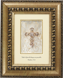 Matthew 19:26 Shimmering Faith Crosses Gold frame Tabletop Christian Verses - 8x 10